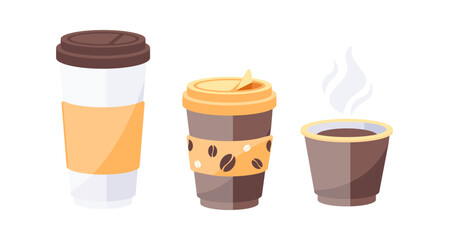 Three variations of disposable coffee cups showing different stages of use