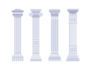 Four ancient Greek columns representing different architectural orders are standing majestically