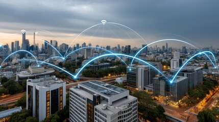 Fototapeta premium smart city leverages advanced technology and seamless connectivity through a robust network and wireless infrastructure, driving urban sustainability and fostering innovation with high-speed internet