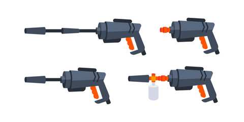 Four pressure washer spray guns isolated on white background