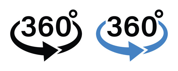 360 degree angle vector icon in black and blue. 360 degree rotating arrow symbol on white background. Vector illustration
