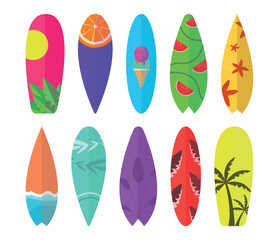 Set of surfboard icons on white background. Water equipment. Hobbies and recreation.