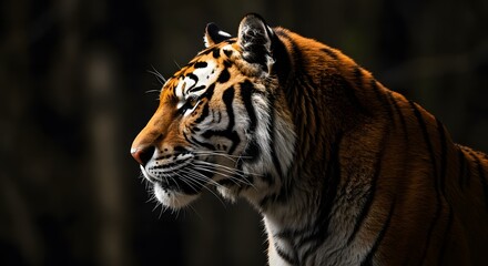 Tiger Profile Portrait in Sunlight with Detailed Fur and Striking Stripes