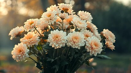 Close up shot of a bouquet of light peach chrysanthemum flowers in full bloom with soft focus background. The sunlight creates a warm glow