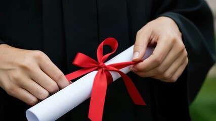 A student in a black gown holds a diploma with a red ribbon, celebrating graduation