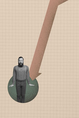 Exclusive image vertical collage of puzzled inexperienced businessman stand arrow decline...