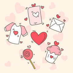 Valentine doodles with t shirts candy, phone and pink hearts all around