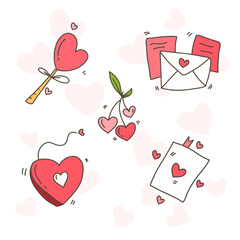 Romantic doodle hearts, envelopes, and arrows on light pink background