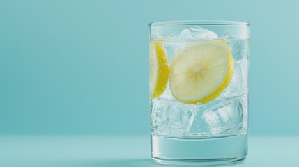 Refreshing lemon water with ice in a clear glass on a turquoise background