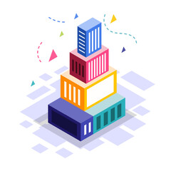 Stacked geometric city blocks with gradient color and dotted background details