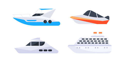 Set of different seagoing vessels sailing on white background