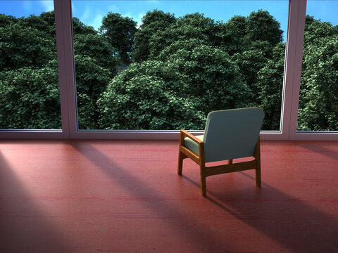Minimalistic interior with armchair facing a large window overlooking a lush forest in a 3D rendering