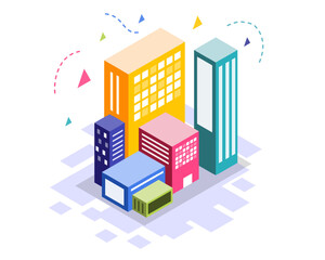 Modern isometric skyscrapers in pink yellow blue colors with street-like tiles