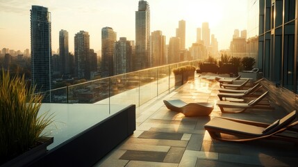 Luxury rooftop patio overlooking a grand sprawling cityscape at sunset