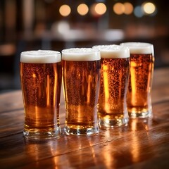Four Glasses of Frothy Golden Beer on Wooden Bar