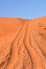 Dunes of Rub Al Khali desert. Car traces. Wahiba Sands. Sultanate of Oman