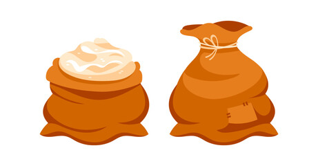 Full and empty brown burlap sack of flour or sugar