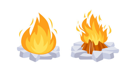 Bonfire burning with flames and firewood surrounded by stones