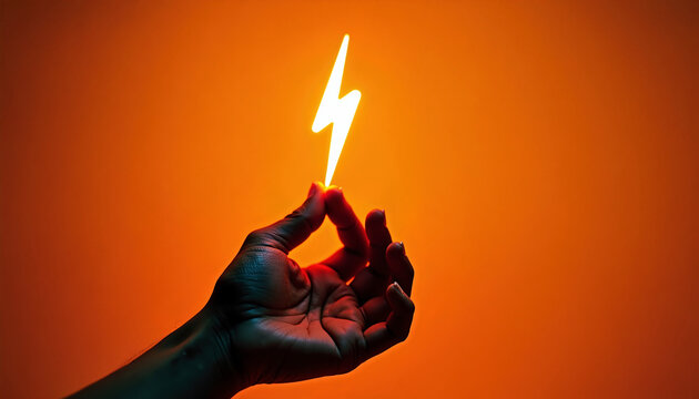 Brightly lit hand holding a glowing lightning bolt against an orange background during twilight