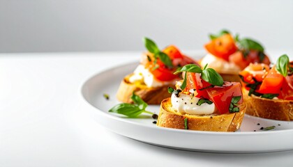 A delectable array of bruschetta appetizers. The vibrant arrangement features toasted bread slices topped with fresh tomatoes, basil, and other mouthwatering ingredients, all served on a plate.