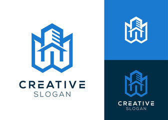 Abstract W letter with building elements and house roof logo design