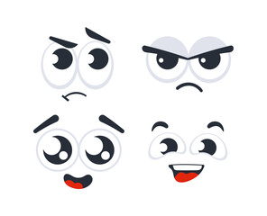 Four cartoon faces showing different emotions, from sadness to happiness