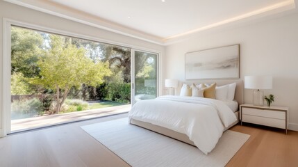 Fototapeta premium Modern, bright bedroom with expansive patio views