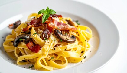 a plate of fettuccine pasta with bacon, mushrooms, and parmesan cheese. The pasta is creamy and flavorful and looks delicious