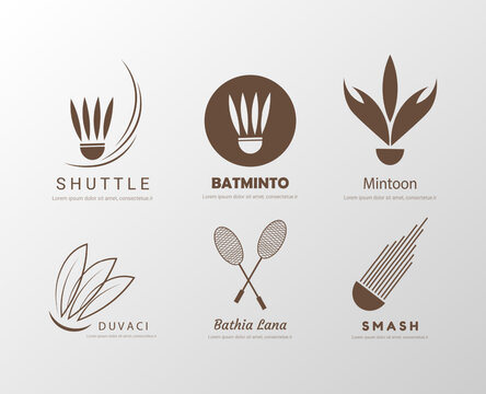 Minimalist badminton logo set with shuttlecocks and racket elements in brown