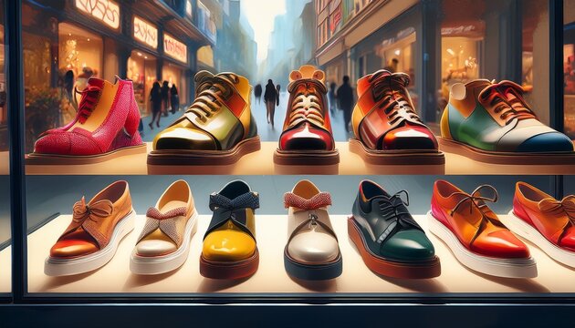 Modische Schuhe im stilvollen Schaufenster pr&auml;sentiert