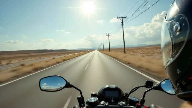 A motorcycle rider navigating an open road under a bright sky, showcasing freedom and adventure.