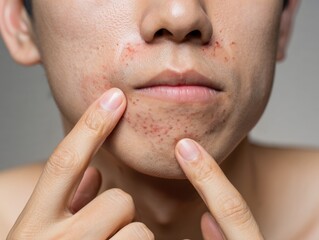 Man pointing at inflamed acne on face, highlighting skin health concerns.