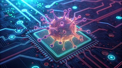 A digital virus infects a computer microchip, symbolizing cybersecurity threats and malware in technology systems.