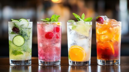 Four refreshing colorful cocktails garnished with fresh fruits and mint