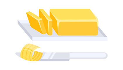 Butter curl on knife and whole stick with slices on cutting board