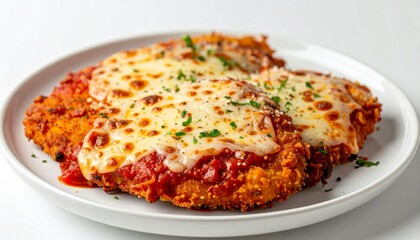 a delicious plate of Chicken Parmesan. It's a classic Italian-American dish with crispy breaded chicken cutlets, topped with melted cheese and a rich tomato sauce