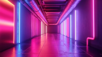 A Neon Lit Futuristic Corridor Displaying Beautiful Color Gradients