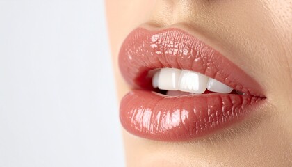 Obraz premium Close-up of a woman's luscious lips with glossy, nude-pink lipstick. The lips are full and hydrated, with a subtle shine. The focus is on the texture and color of the lipstick.