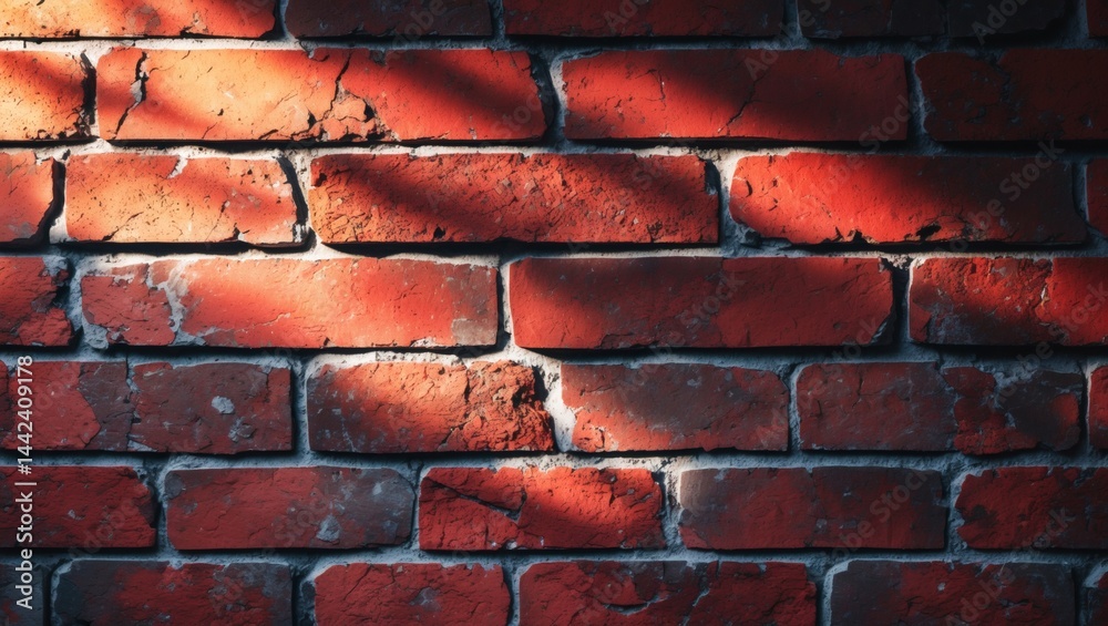 Poster a weathered brick wall with sunlight casting shadows, creating a contrast of light and texture