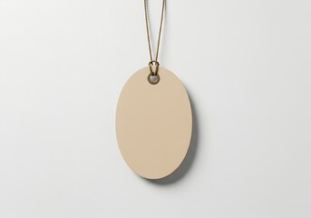 Minimalist presentation of a beige oval tag suspended against a clean backdrop