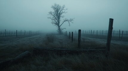 A solitary tree stands amidst a foggy open landscape