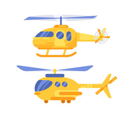 Two yellow helicopters flying with rotating blades