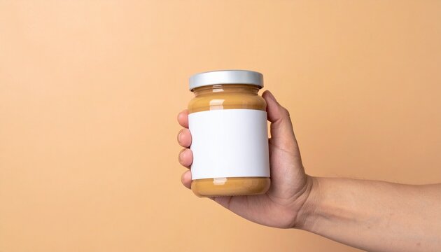 a hand holding a jar of peanut butter with an empty label on a beige background. The image is clean and well-lit