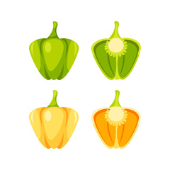 Green and Yellow Bell Peppers, Whole and Halved, Showing Seeds and Stems