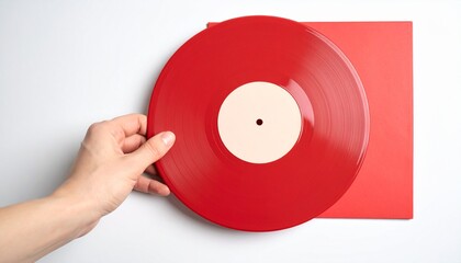 a hand is holding a red vinyl record in a square case. The record is glossy, the surface shows grooves.