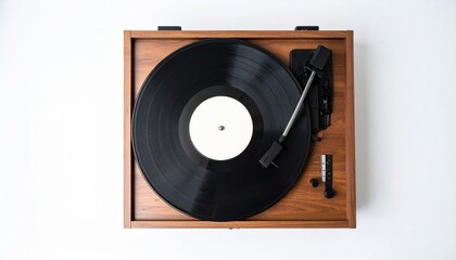a vintage turntable playing a vinyl record. The turntable has a wooden case and a black tone arm. The record is spinning and the needle is on the record.