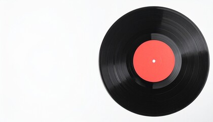 a close-up shot of a vinyl record showing the red label and black surface, perfect for music lovers and retro enthusiasts