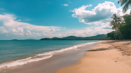 Beach with calm waves, turquoise water and palms under a blue sky.