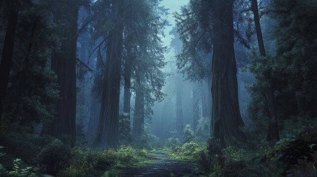 Mysterious foggy forest path enchanting tall trees nature scene dark blue mist mood calm deep view