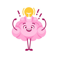 Happy brain having an idea with light bulb shining over its head
